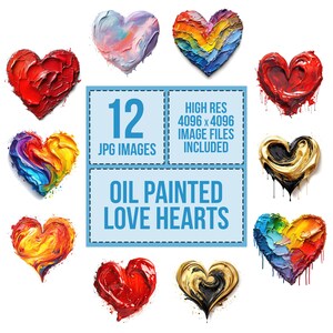 12x Formas de coração de tinta a óleo Amor em forma de coração Clipart JPG Pacote de clipart digital Downloads Arquivo jpeg Desenhos de camisetas Uso comercial