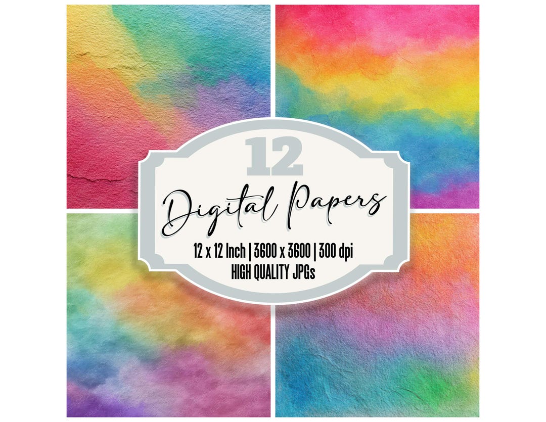 12x Soft Watercolor Wash Digital Paper Pack Rainbow Gradient Texture ...