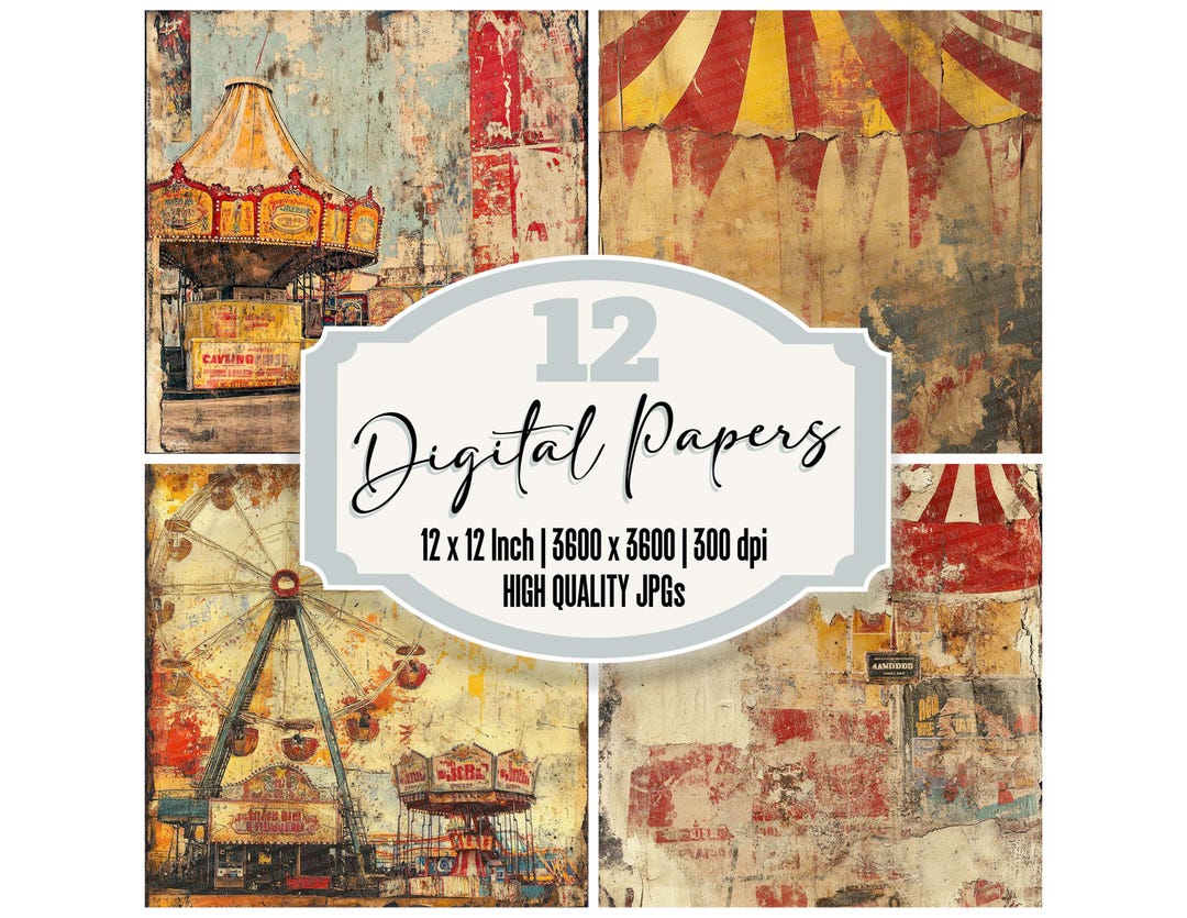 12x Vintage Carnival Junk Journal Paper, Distressed