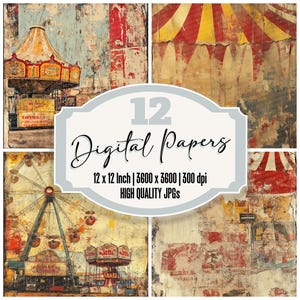 12x Vintage Carnival Junk Journal Paper, Distressed Fairground Digital Paper Pack,Grunge Circus Textures, Scrapbook Backgrounds,Quality JPGs