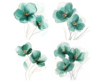 12枚の緑の花のクリップアート、エメラルドグリーンの水彩画の花