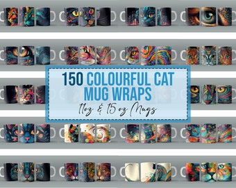 Pacote com 150 imagens PNG de gatos coloridos para sublimação em canecas de 325ml e 445ml. Inclui designs digitais de caveiras e um pacote gigante de 325ml.