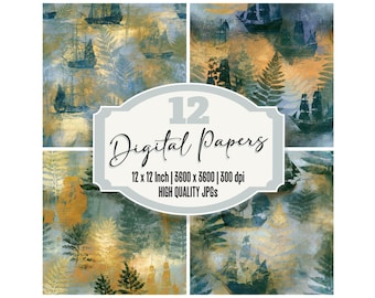 12x Seamless Impressionist Junk Journal Paper Galleons Fern Ochre Digital Paper Pack Backgrounds Scrapbook Paper Digital Download