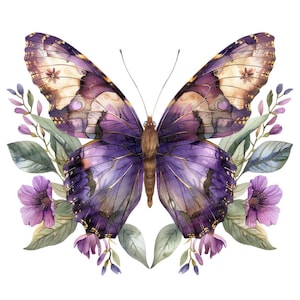Clipart di farfalla viola in formato PNG, set di 12 clipart di insetti floreali, clipart ad acquerello stampabili, download digitale, PNG trasparente, lavori di carta