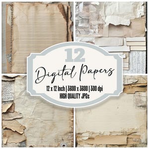 12x collage di quaderni strappati, carta da giornale vintage a righe, carta digitale, texture grunge, download di JPG di alta qualità