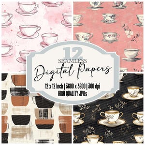 12x Carta da giornale Teacup Junk con motivi floreali senza soluzione di continuità, JPG di alta qualità, carta digitale stampabile
