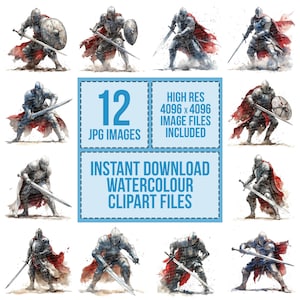 12 Knight in Battle Clipart, Medieval Warrior Clipart, Printable Watercolor Clipart, Paper Crafts, Wall Art, Digital Download, Junk Journals