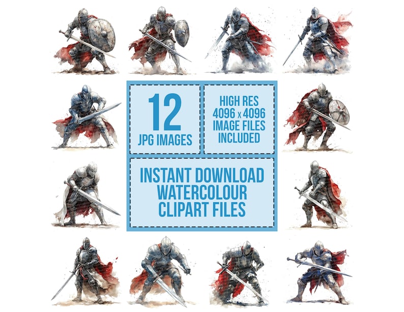 May include: Twelve watercolor illustrations of a knight in armor holding a sword and shield. The knight is wearing a red cape and is in various poses. The illustrations are high resolution and are perfect for digital scrapbooking, card making, and other creative projects.