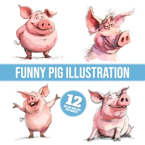 Aquarell lustiges Schwein Clipart, 12 JPGs, Schwein Gesicht druckbare Bild, süße Illustration, Wand Kunst, digitaler Download, Junk Journals, Tshirt Grafik