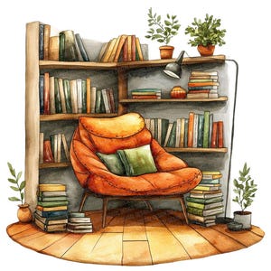 12 x gezellige leesstoel png, boekenhoek aquarel illustraties, afdrukbare boekenplank illustratie, digitale download, scrapbooking, kortstondige