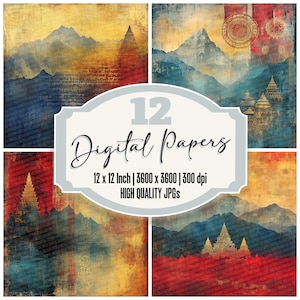 Può includere: Un set di 12 carte digitali che presentano un paesaggio montano con un tempio in primo piano. Le carte misurano 30,48 cm per 30,48 cm e hanno una risoluzione di 3600 per 3600 pixel a 300 dpi. Le carte sono JPG di alta qualità.