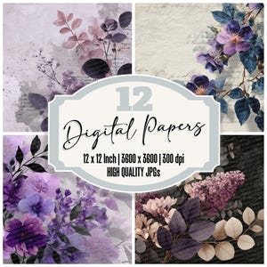 Paquete de 12 papeles digitales florales con textura de escritura, de alta calidad, en formato JPG, para álbumes de recortes, descargables.