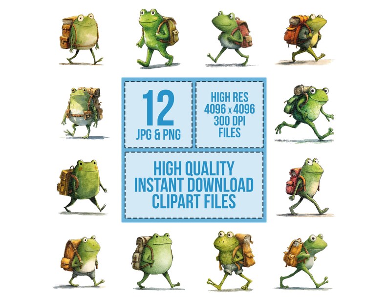 Frog PNG Clipart, 12x Backpack Animal Art Set, Printable Watercolor ...