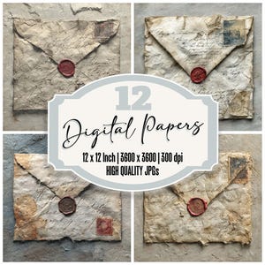 12x Envelope Tear Script Junk Journal Paper Vintage Letter Digital Paper Pack Textured Backgrounds Printable Paper Ephemera JPGs