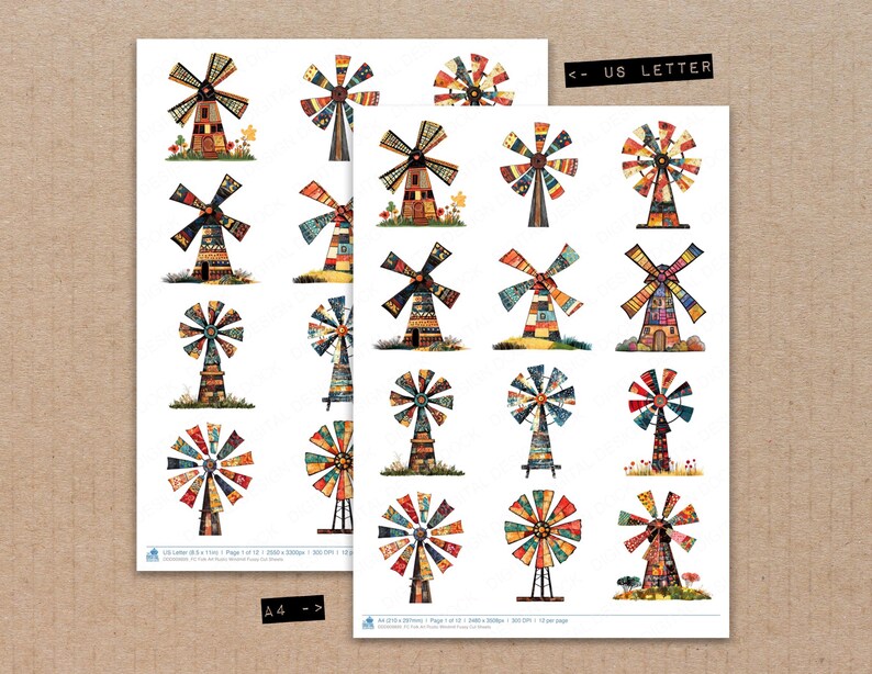 Folk Art Rustic Windmill Fussy Cut Sheets, 12x Printable Pages, Junk ...