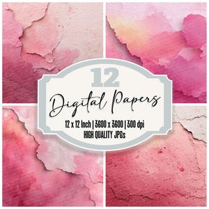12x Rose Wash Fade Junk Journal Paper Soft Watercolor Digital Paper Pack Distressed Texture Backgrounds Instant Download Backgrounds