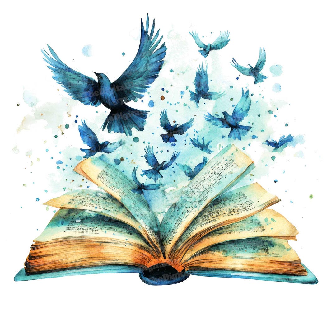 12x Open Book Clipart, Flying Birds Watercolor, High Quality Jpgs ...