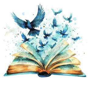 12 x Clipart livre ouvert, aquarelle oiseaux en vol, JPG de haute qualité, Clipart imprimable, téléchargement numérique, journaux indésirables, fabrication de cartes, lecture