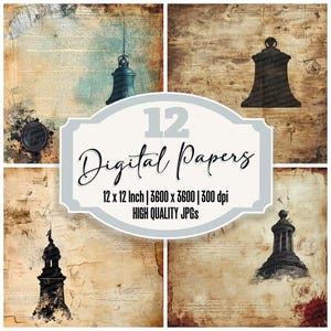 12x Liberty Bell Pergaminho Junk Journal Paper Vintage Bell and Seal Design JPGs de alta qualidade Fundos rústicos Download digital