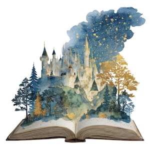 May include: A watercolour illustration of an open book revealing a castle scene. The castle is blue and gold, set on a hill with trees. A starry night sky is above the castle, with gold accents throughout.