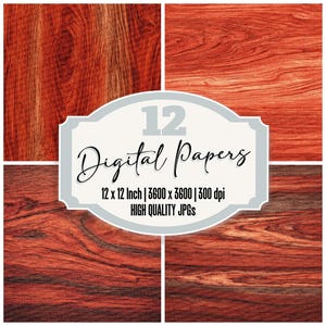 Paquete de 12 papeles digitales Padauk Junk Journal con textura de madera naranja y roja de alta calidad, fondos imprimibles para álbumes de recortes.