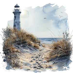 12 x vuurtoren zandduinen clipart, kust clipart, afdrukbare aquarel clipart, kunst aan de muur, papier ambachten, digitale download, ongewenste tijdschriften
