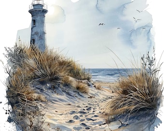 12x Lighthouse Sand Dunes Clipart, Coastal Clipart, Printable Watercolor Clipart, Wall Art, Paper Crafts, Digital Download, Junk Journals