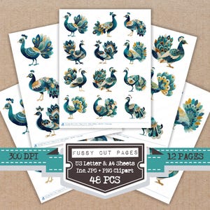 May include: Sheets of peacock-themed fussy cut pages with teal, blue, and gold watercolor illustrations. The pages include 48 pieces and are available in US Letter and A4 sizes. The image also includes the text "300 DPI" and "12 PAGES".