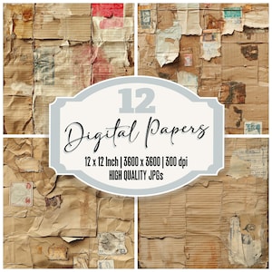 12x Vintage Collage Junk Journal Paper, Distressed Postal Ephemera Digital Paper Pack, Grunge Aged Textures, High Quality JPGs