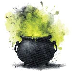 May include: A watercolor illustration of a black cauldron with green and gray smoke billowing upwards. The cauldron has two handles and sits on a white background. The text "DIGITAL DESIGN DOCK" is repeated across the cauldron.