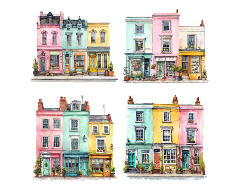 12x Quirky Shopfronts PNG Clipart, Watercolor Colorful Storefronts Clip ...