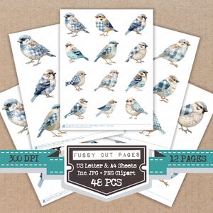 May include: Sheets of paper featuring watercolor illustrations of various birds with blue and white plaid patterns. The image includes text that reads "Fussy Cut Pages", "US Letter & A4 Sheets", and "48 PCS". The image is labeled as 300 DPI and 12 pages.