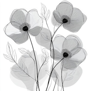 Könnte beinhalten: Eine Schwarzweiß-Zeichnung von drei Mohnblumen mit zarten Stielen und Blättern. Die Blumen sind stilisiert und haben ein durchscheinendes Aussehen.