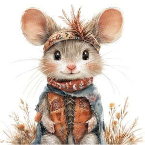 ボヘミアン マウス クリップアート、森の動物クリップアート、印刷可能な水彩クリップアート、高品質 JPG、デジタル ダウンロード JPG、ペーパー クラフト、ジャンク ジャーナル