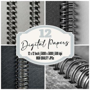 Pode incluir: Uma imagem em tons de cinza mostrando quatro vistas em close-up de cadernos com espiral. A imagem apresenta o texto "12 Digital Papers" e detalhes sobre o tamanho e a resolução do papel. A encadernação em espiral é de metal.