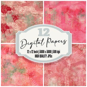 Può includere: Una collezione di 12 carte digitali con una tavolozza di colori rosso e rosa, motivi a ventaglio e testo in corsivo. L'immagine include il testo 12 Digital Papers, 12 x 12 Inch | 3600 x 3600 | 300 dpi e HIGH QUALITY JPGs su un'etichetta centrale.