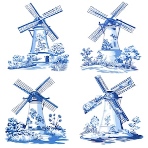 Puede incluir: Cuatro ilustraciones de molinos de viento azules y blancos con un dise&ntilde;o holand&eacute;s tradicional. Cada molino de viento est&aacute; rodeado de flores y vegetaci&oacute;n. Los molinos de viento est&aacute;n sobre un fondo blanco.