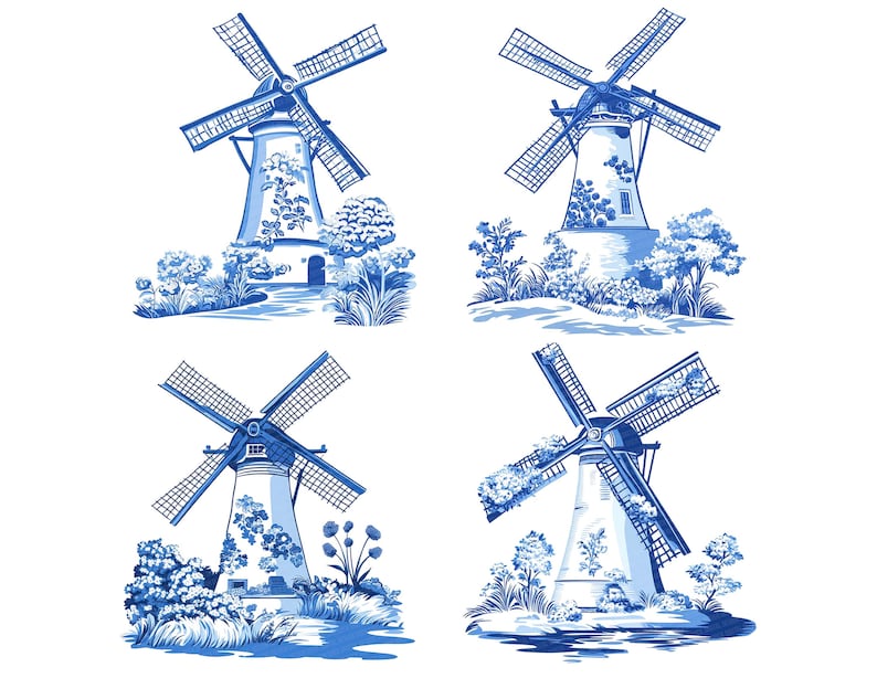 Puede incluir: Cuatro ilustraciones de molinos de viento azules y blancos con un dise&ntilde;o holand&eacute;s tradicional. Cada molino de viento est&aacute; rodeado de flores y vegetaci&oacute;n. Los molinos de viento est&aacute;n sobre un fondo blanco.
