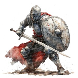 May include: A watercolor painting of a knight in full armor, holding a sword and shield. The knight is wearing a red cape and is in a fighting stance. The background is white.