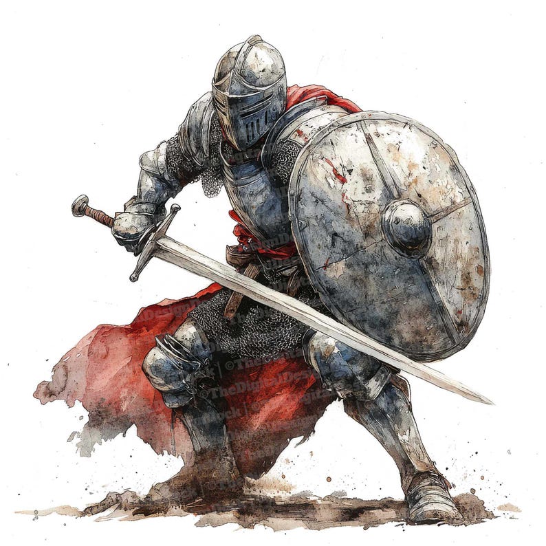May include: A watercolor painting of a knight in full armor, holding a sword and shield. The knight is wearing a red cape and is in a fighting stance. The background is white.