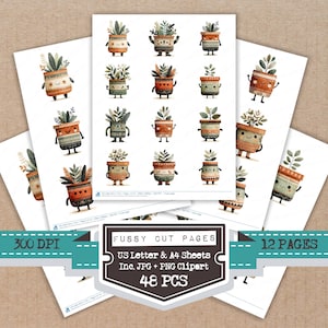 May include: Watercolor illustrations of whimsical potted plants with smiling faces and arms. The plants are in various pots with different patterns and colors, including orange, green, and brown. The image includes text that says "Fussy Cut Pages" and "48 PCS".