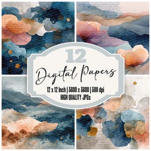 May include: A collage of watercolor digital papers in shades of blue, peach, and gold. The image includes the text "12 Digital Papers" and details about the size and resolution of the digital files.