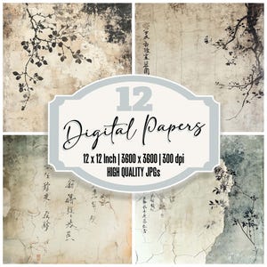 12x Japanese Calligraphy Junk Journal Paper, Vintage Ink Wash Backgrounds, Distressed Digital Paper Pack, Aged Asian Textures, High Quality