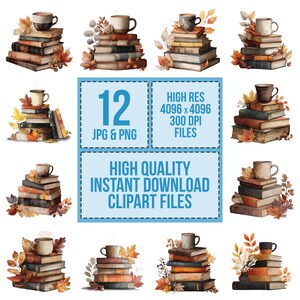 K&ouml;nnte beinhalten: Aquarell-Clipart mit B&uuml;cherstapeln, Kaffeetassen und Herbstbl&auml;ttern. Das Bild enth&auml;lt den Text "12 JPG & PNG" und "HIGH QUALITY INSTANT DOWNLOAD CLIPART FILES". Das Bild hat eine hohe Aufl&ouml;sung von 4096 x 4096 Pixeln, 300 DPI.