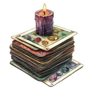 May include: A stack of tarot cards with a purple candle on top. The cards have a variety of symbols and images, including gems, a clock, and a star. The candle is lit and dripping wax.
