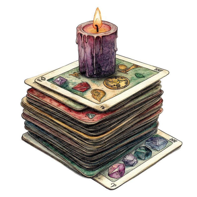 May include: A stack of tarot cards with a purple candle on top. The cards have a variety of symbols and images, including gems, a clock, and a star. The candle is lit and dripping wax.