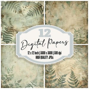 12 Forest Fern Junk Journal Paper, Botanical Greenery Digital Paper Pack, Earthy Background, High Quality JPGs, Botanical Fern Images