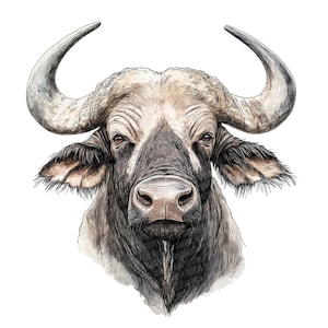 Op de afbeelding: Waterverfillustratie van een Afrikaanse buffel. Het kunstwerk toont een gedetailleerde weergave van de kop van het dier, met zijn grote, gebogen hoorns, donkere vacht en intense blik. Het kleurenpalet omvat tinten grijs, bruin en zwart.