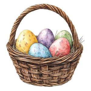 Canasta de Pascua PNG Clipart, 12x Juego de imágenes prediseñadas de huevos de Pascua en acuarela, Imágenes prediseñadas de primavera imprimibles, Descarga digital, Manualidades de papel, Diario basura