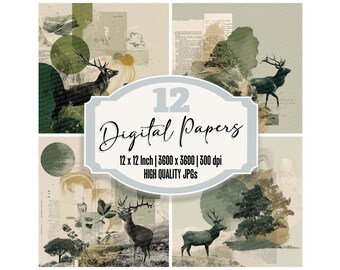 12x Deer Junk Journal Paper Travel Digital Paper Pack Forest Backgrounds Vintage Nature Texture Printable Paper High Quality JPGs Download